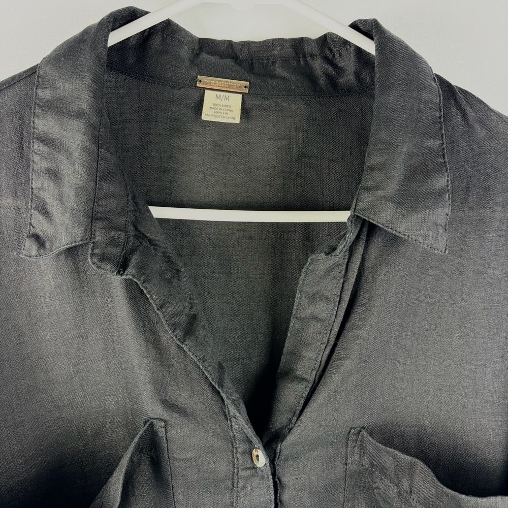 Magaschoni Black 100% Linen Button Down Shirt Roll Tab Sleeve Medium - Picture 5 of 15